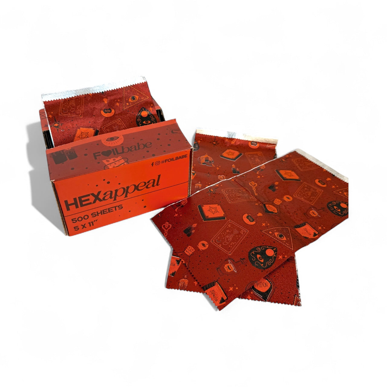 Red patterned sheets with a box labeled 'HEXappeal' on a white background